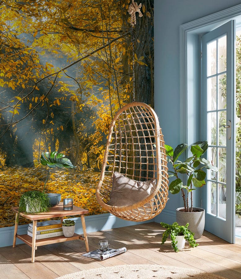 Hanging chair in warm-toned room with Autumn Radiance Forest Mural Wallpaper, light wooden flooring.