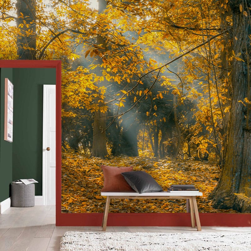 Autumn Radiance forest mural in golden tones, dark green walls, white door, beige rug, stylish bench.