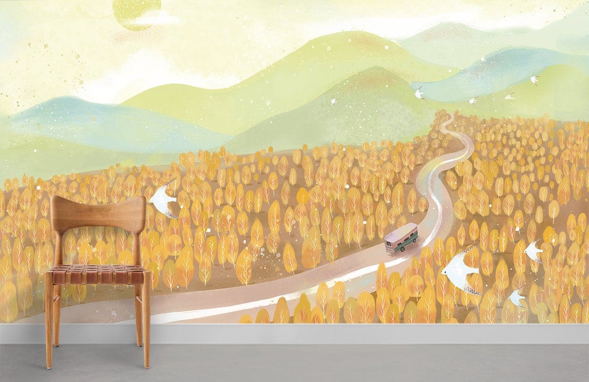 Golden Autumn Landscape Mural Wallpaper with pastel road, scenic hills, wooden chair, grey flooring.