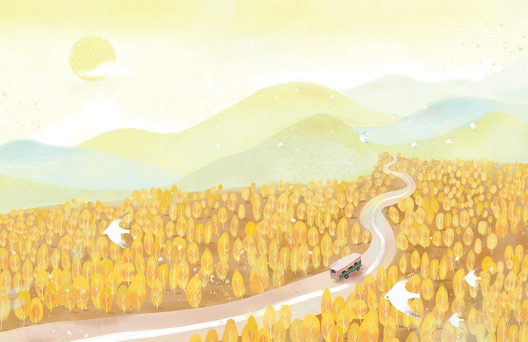 Golden Autumn Landscape Mural Wallpaper with Pastel Road and Scenic Hills.