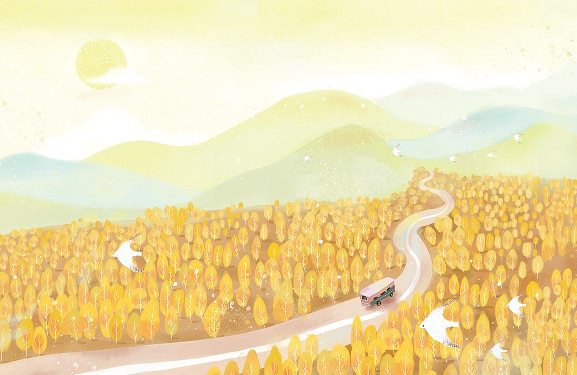 Golden Autumn Landscape Mural Wallpaper with Pastel Road and Scenic Hills.