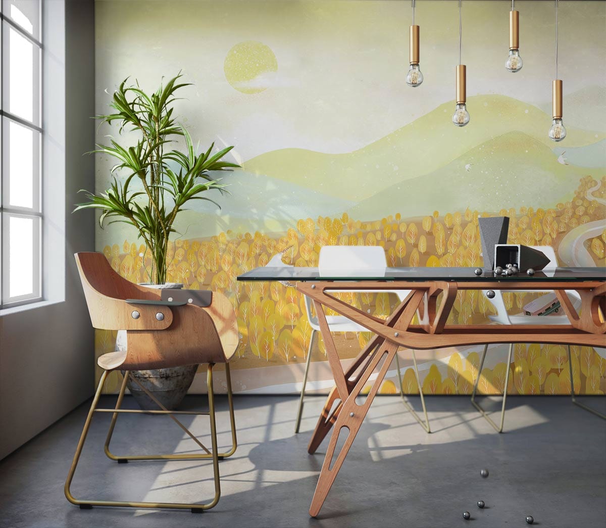 Golden Autumn mural wallpaper with pastel landscape, modern dining room, contemporary table, and chic chairs.