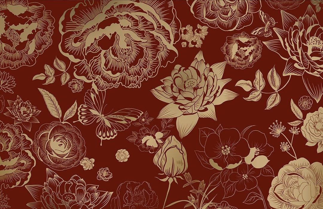 Elegant Burgundy Floral Pattern Wallpaper with Gold Botanical Accents Design