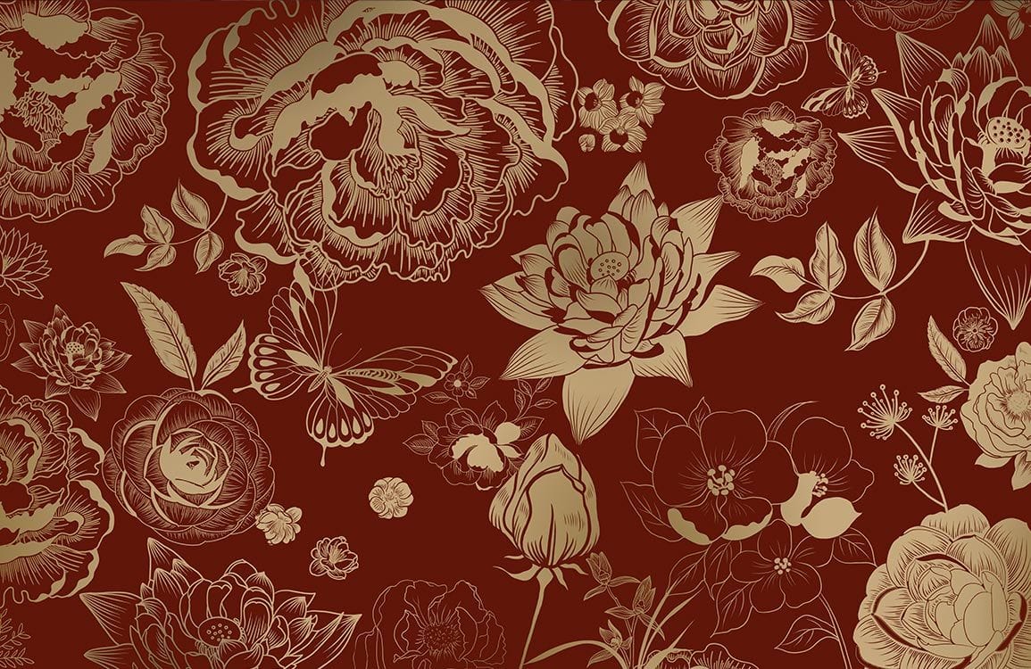 Elegant Burgundy Floral Pattern Wallpaper with Gold Botanical Accents Design