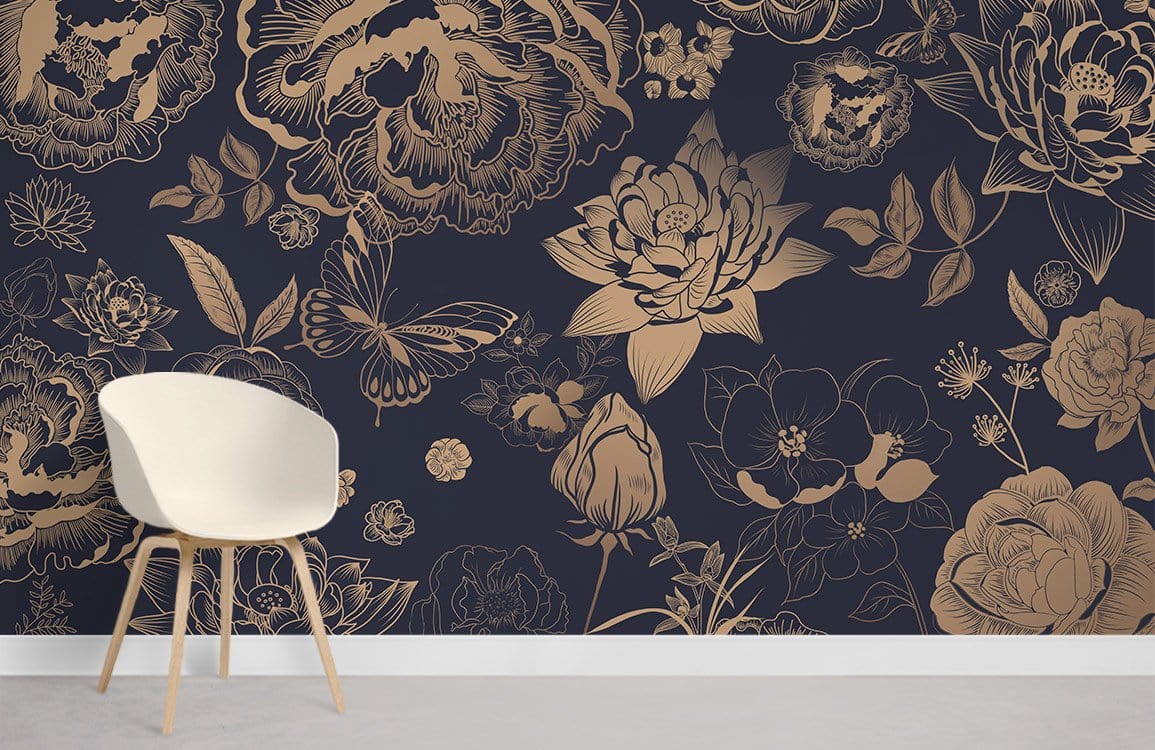Luxurious gold floral damask wallpaper, navy backdrop, elegant chair, minimalistic room, light flooring.