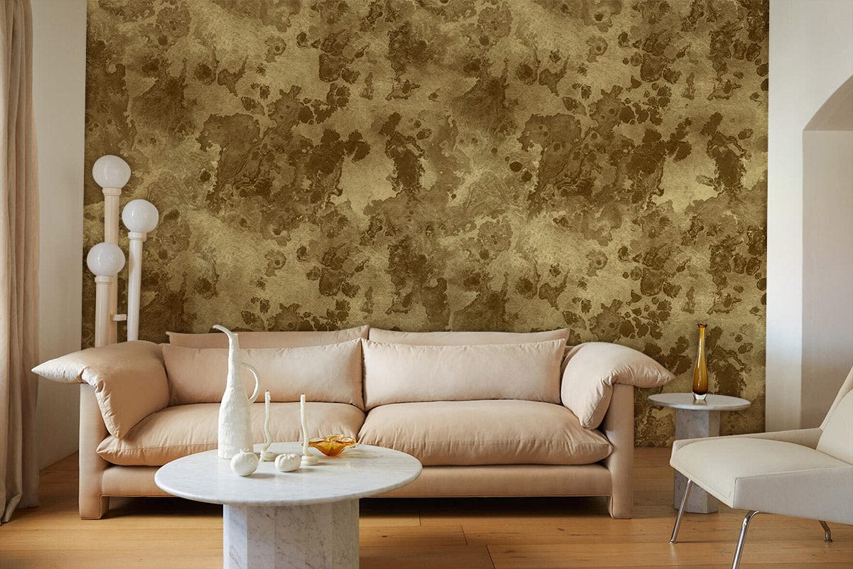 Vintage earthy tones watercolour wallpaper in living room with beige sofa, marble table, wooden flooring.
