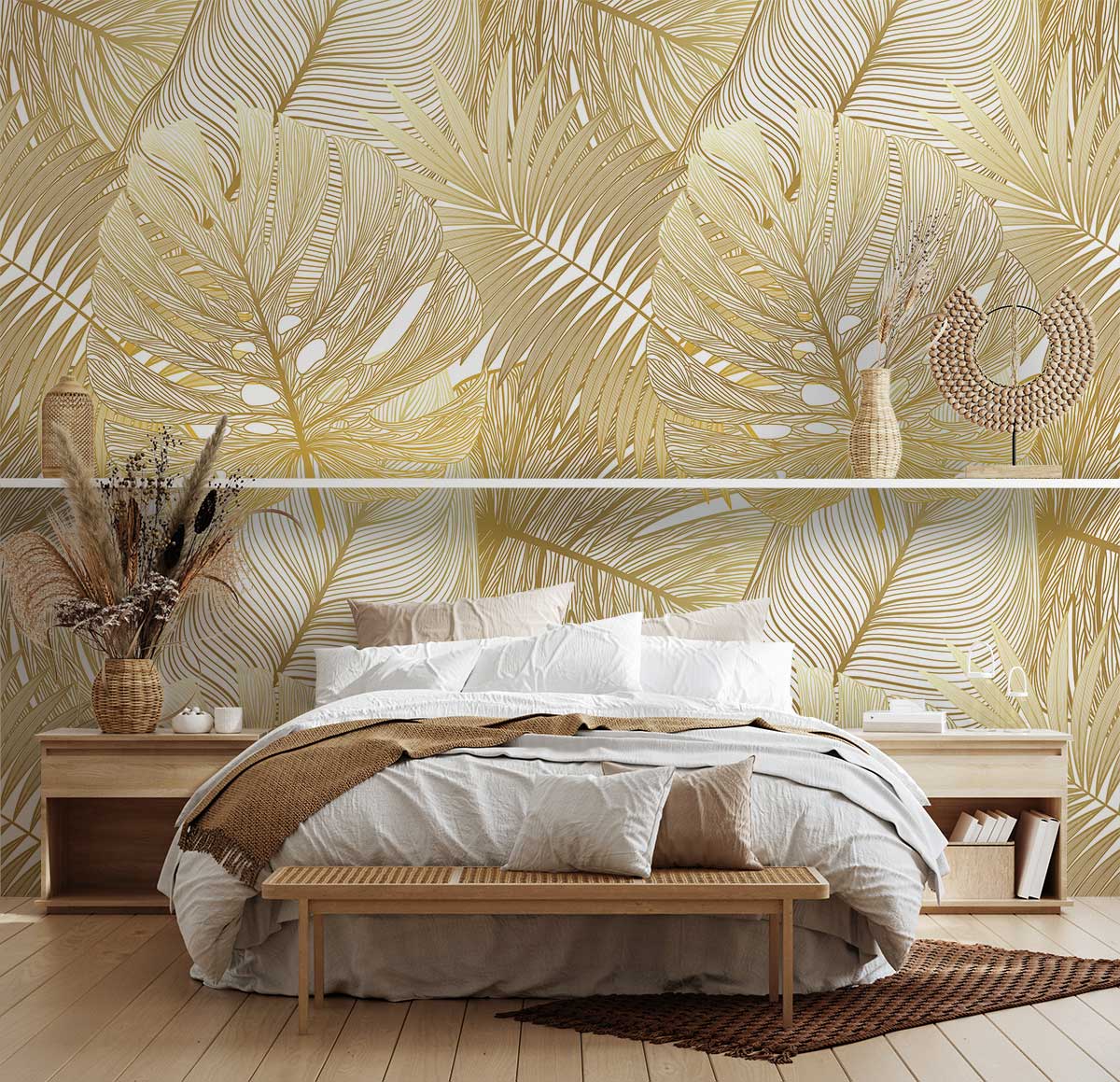 Elegant gold tropical wallpaper in bedroom with wooden bed, light flooring, and chic boho decor.