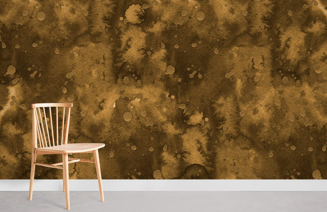 Rustic Earthy Tones Abstract Watercolour Wallpaper, wooden chair, minimalist style, cosy living space.