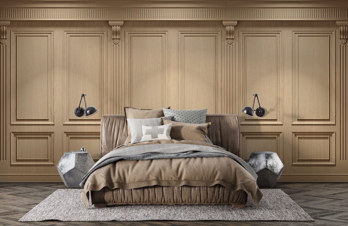 Elegant bedroom with classic beige wooden panel wallpaper, luxurious brown bedding, modern lighting, herringbone flooring.