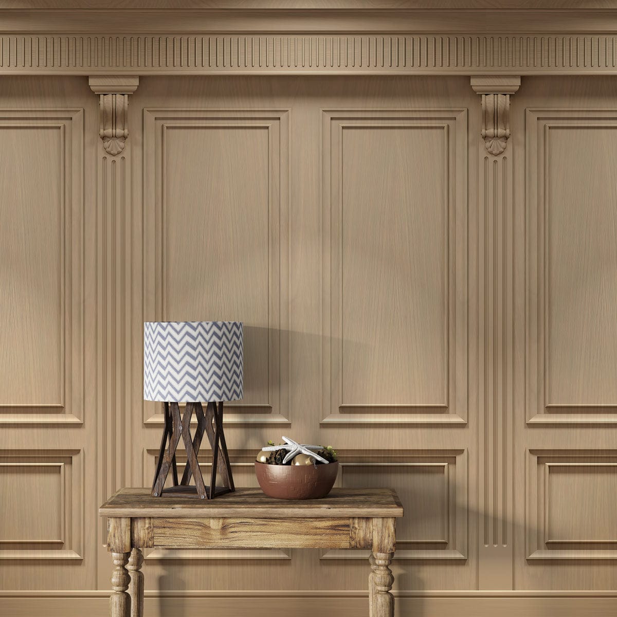 Classic Beige Wooden Panel Mural Wallpaper with rustic wooden table and stylish table lamp in room.