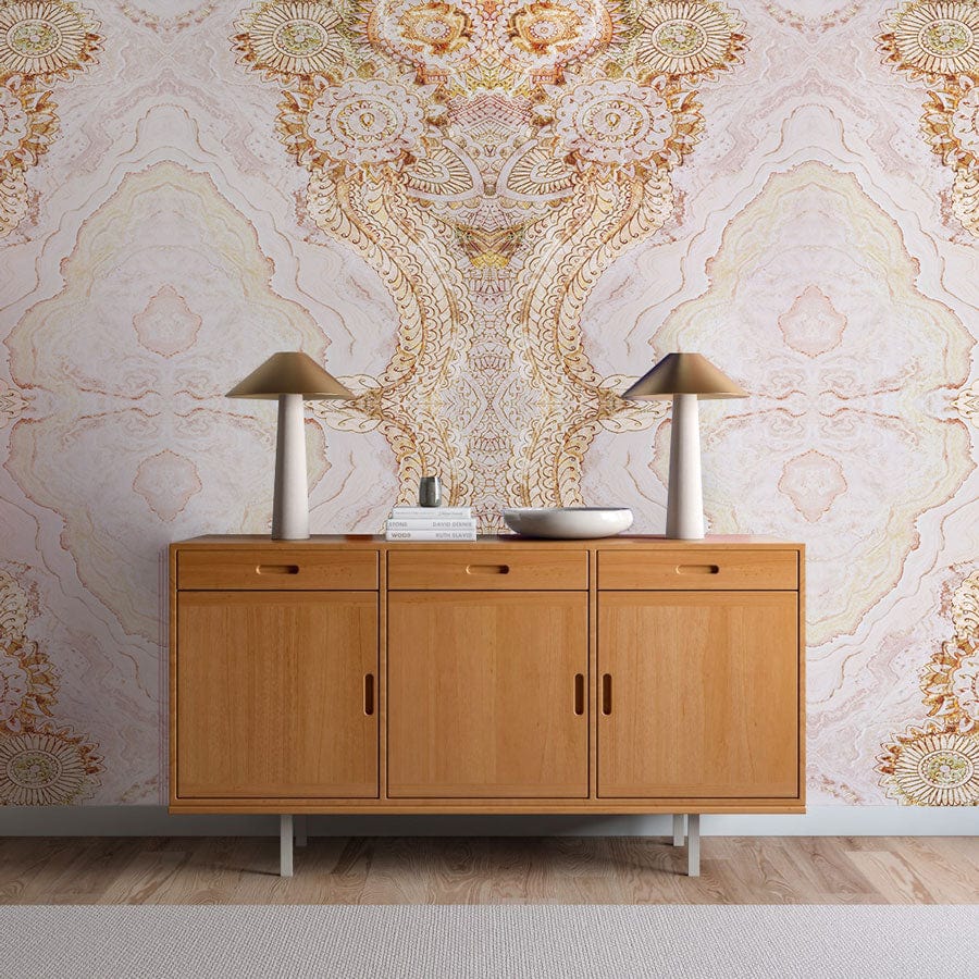 Elegant Vintage Beige Mandala Wallpaper, wooden sideboard, modern lamps, stylish living room flooring decor.