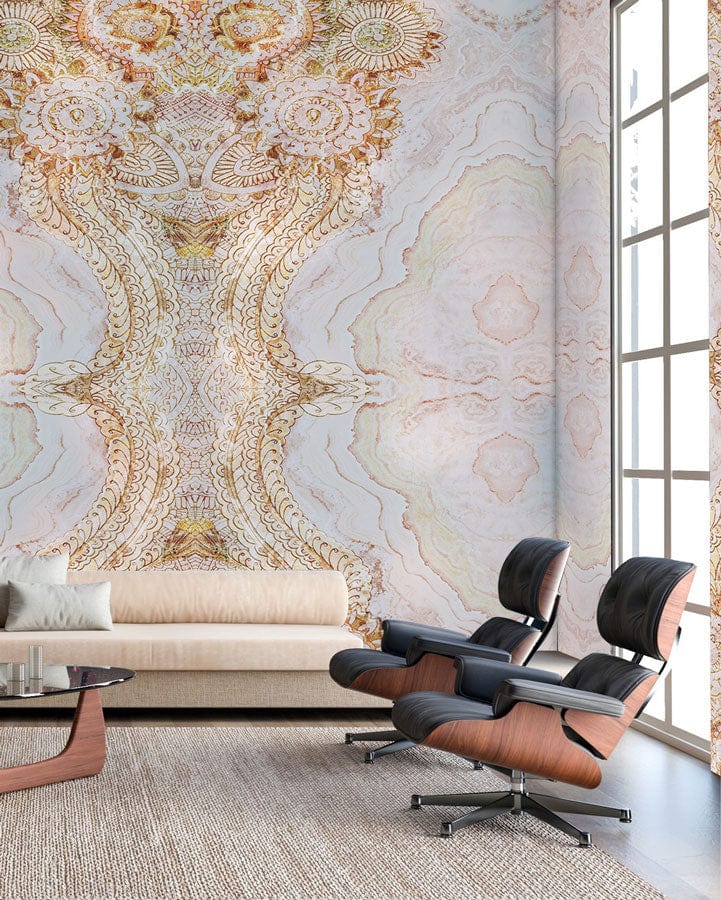 Elegant Vintage Beige Mandala Pattern Wallpaper in living room with beige sofa and modern chairs.