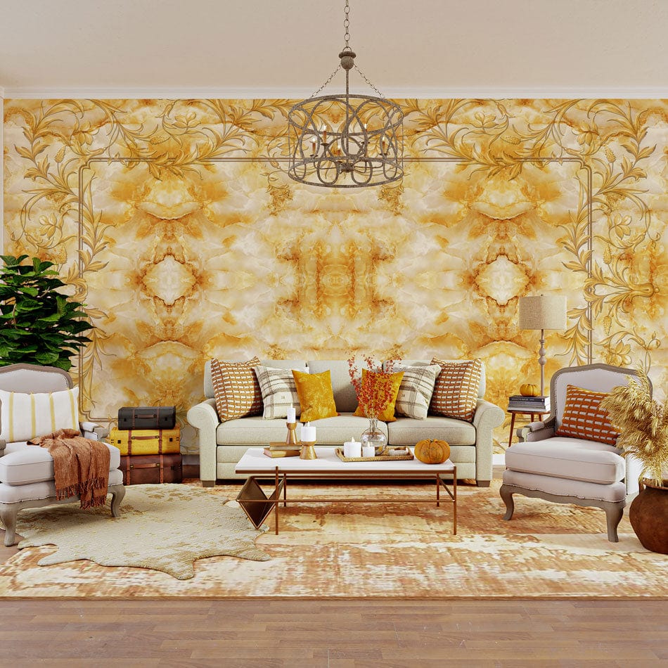 Elegant living room with Golden Baroque Ornate Mural Wallpaper, vintage sofas, hardwood flooring, stylish Décor.