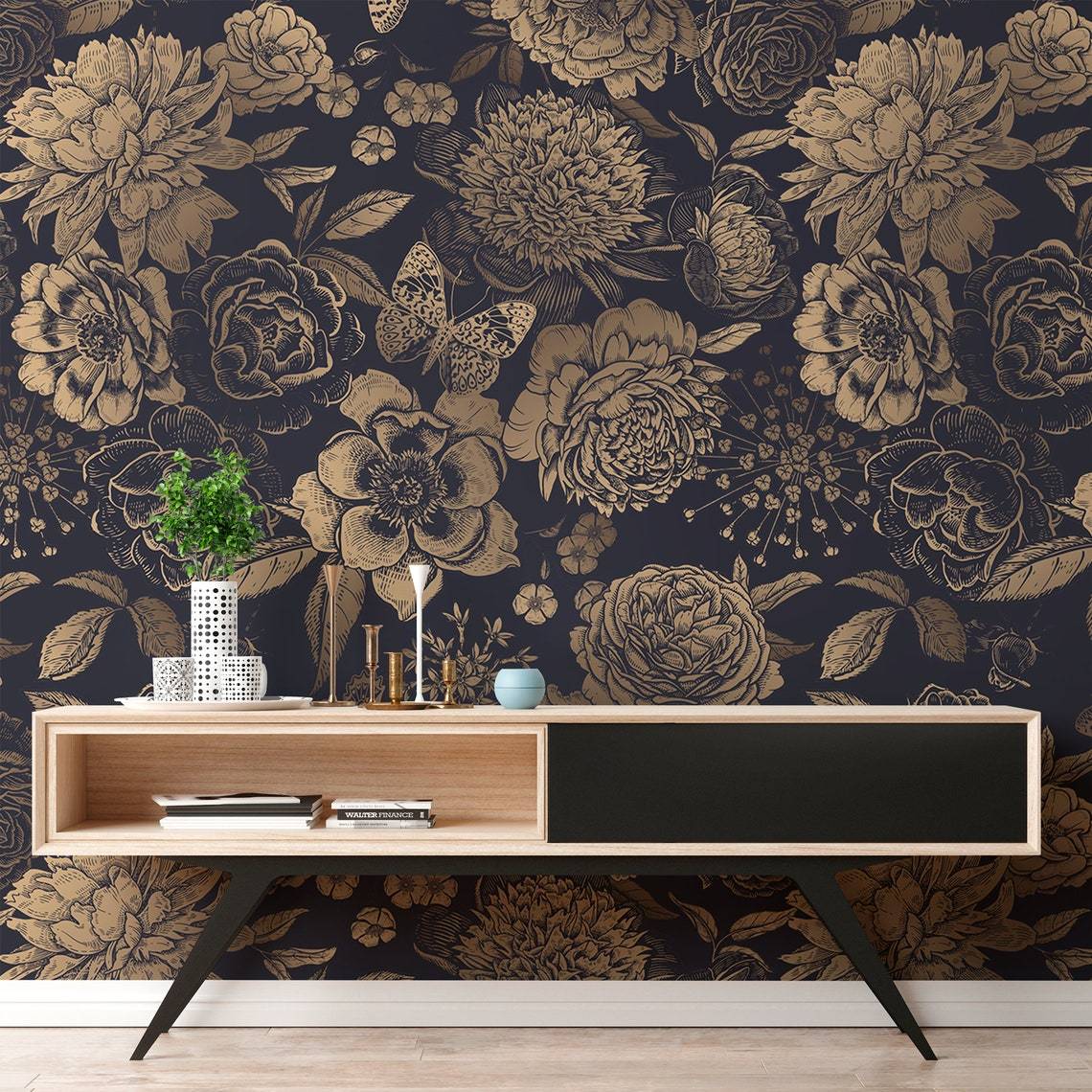 Luxurious gold floral damask wallpaper with navy background, wooden sideboard, stylish living room decor.