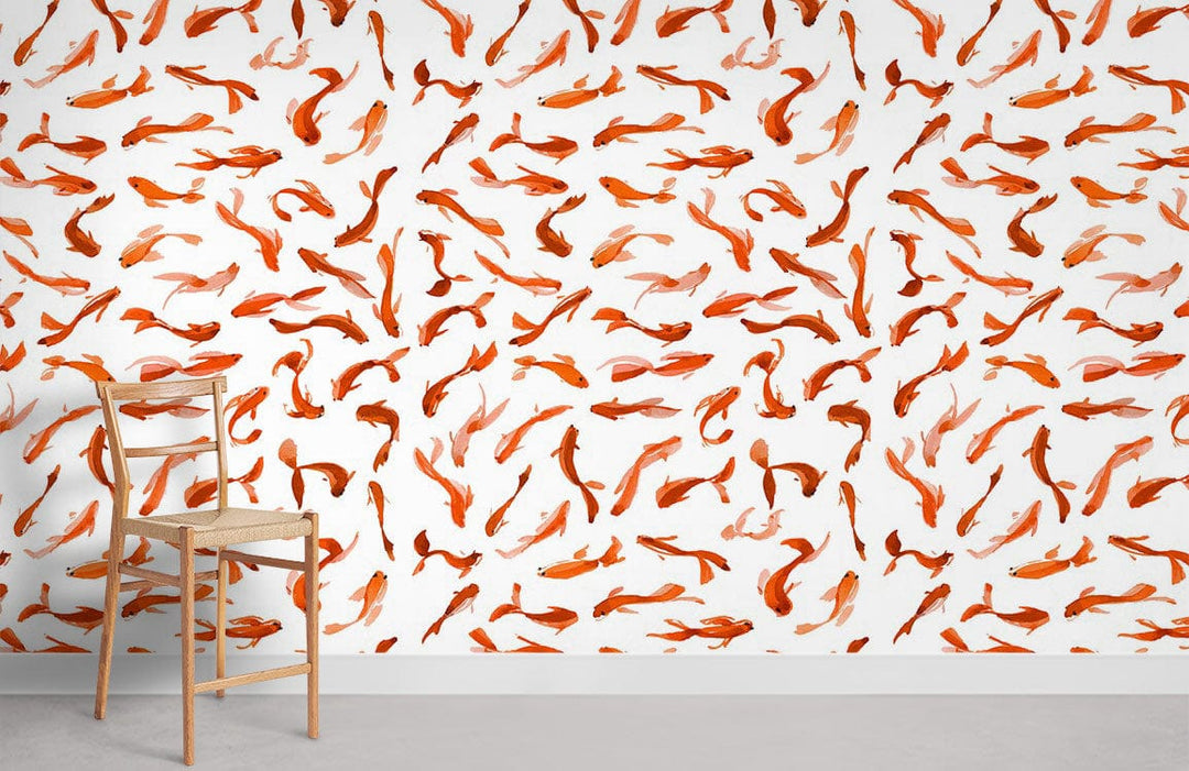 Elegant Orange Koi Fish Patterned Wallpaper with Wooden Chair, Grey Flooring, Tranquil Aquatic Decor Style.