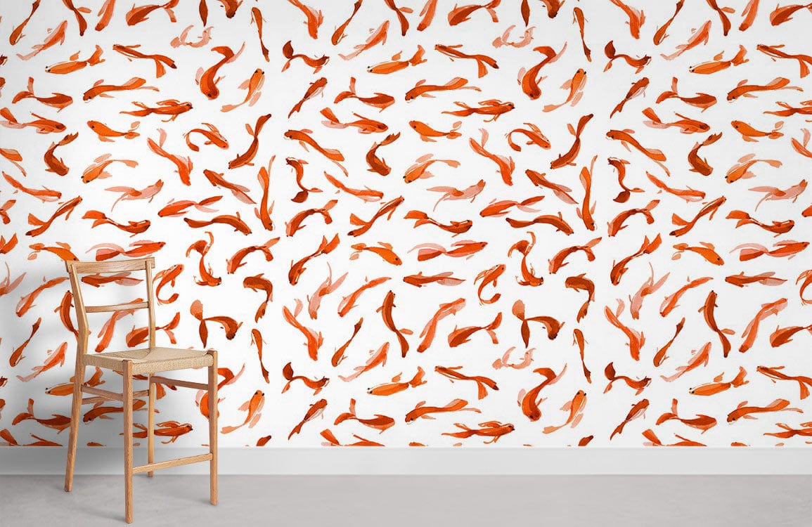 Elegant Orange Koi Fish Patterned Wallpaper with Wooden Chair, Grey Flooring, Tranquil Aquatic Decor Style.