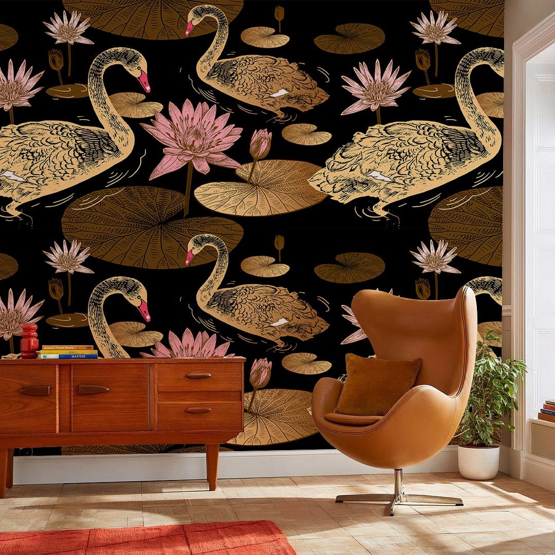 Elegant black and gold mural wallpaper in living room with retro sideboard, brown chair, and rug.