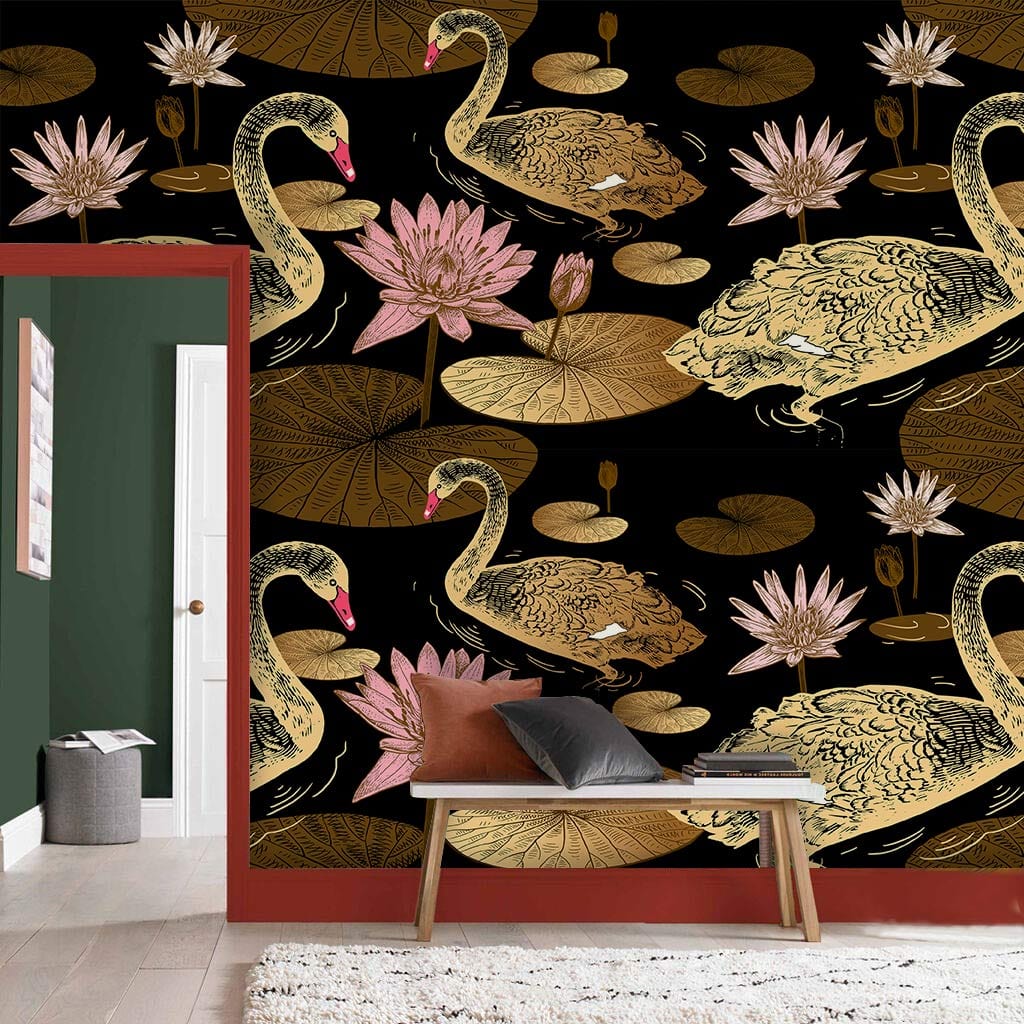 Elegant mural wallpaper with black and gold swans, pink lilies, bench, and green walls.