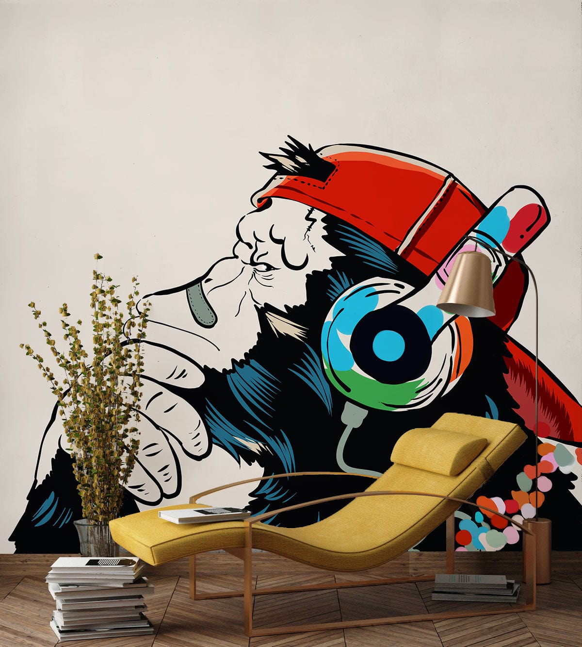 Modern Urban Ape with Headphones art wallpaper, yellow chaise longue, wooden flooring, living room style.
