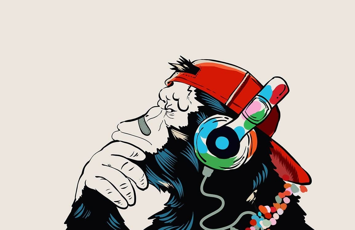 Modern Urban Ape with Headphones Street Art Wall Mural Wallpaper