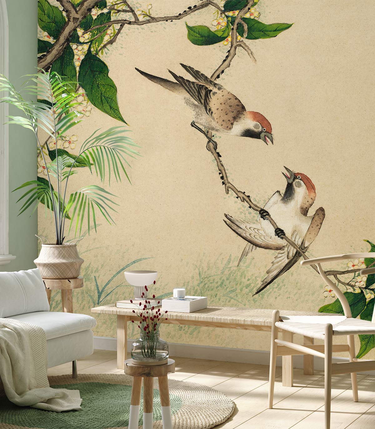 Tranquil Nature Birds and Blossoms Wallpaper Mural, light sofa, wooden chairs, peaceful living room.