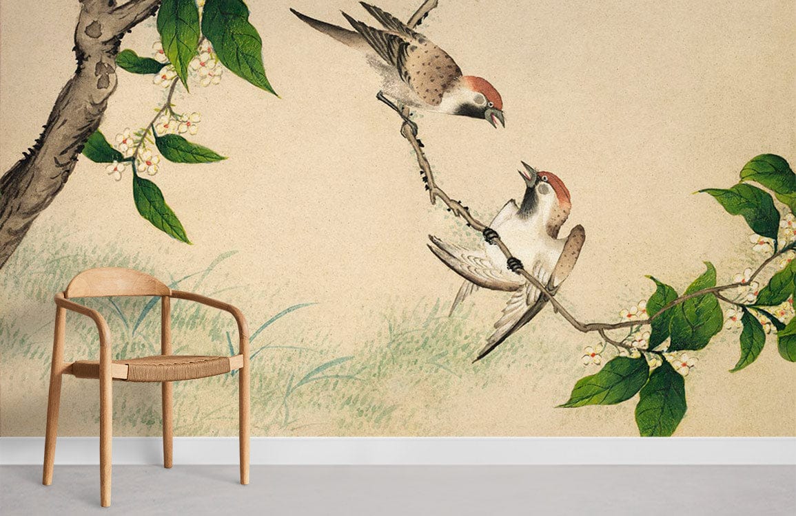 Tranquil Nature wallpaper mural features birds and blossoms, with a wooden chair and light flooring.