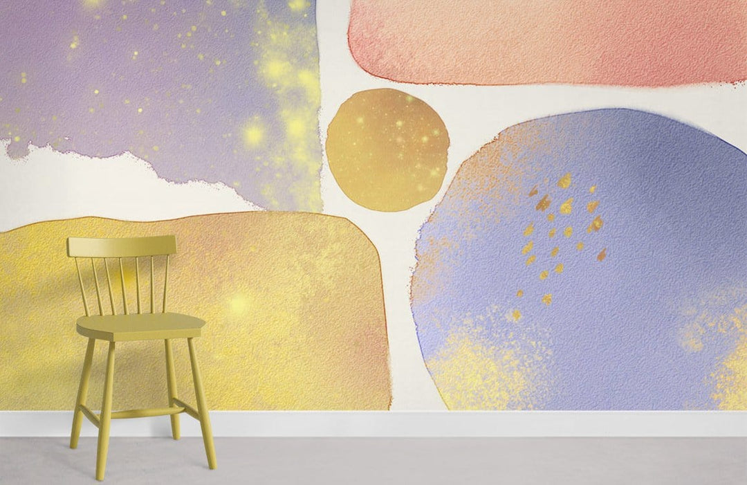 Abstract Pastel Watercolour Wallpaper in lavender and golden tones with modern chair on grey flooring.
