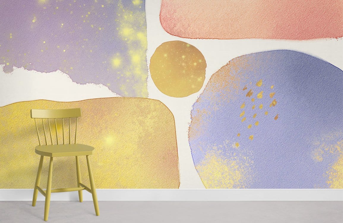 Abstract Pastel Watercolour Wallpaper in lavender and golden tones with modern chair on grey flooring.