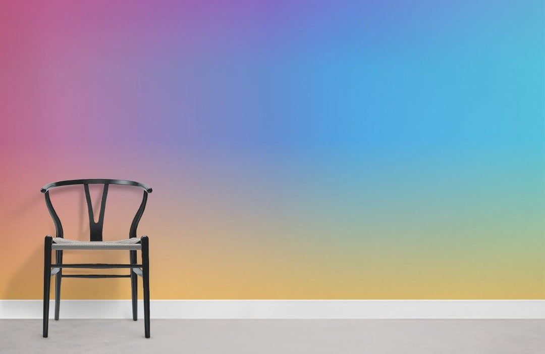 Modern room with colourful gradient wallpaper, featuring vibrant pink, blue, yellow tones, minimalist black chair.