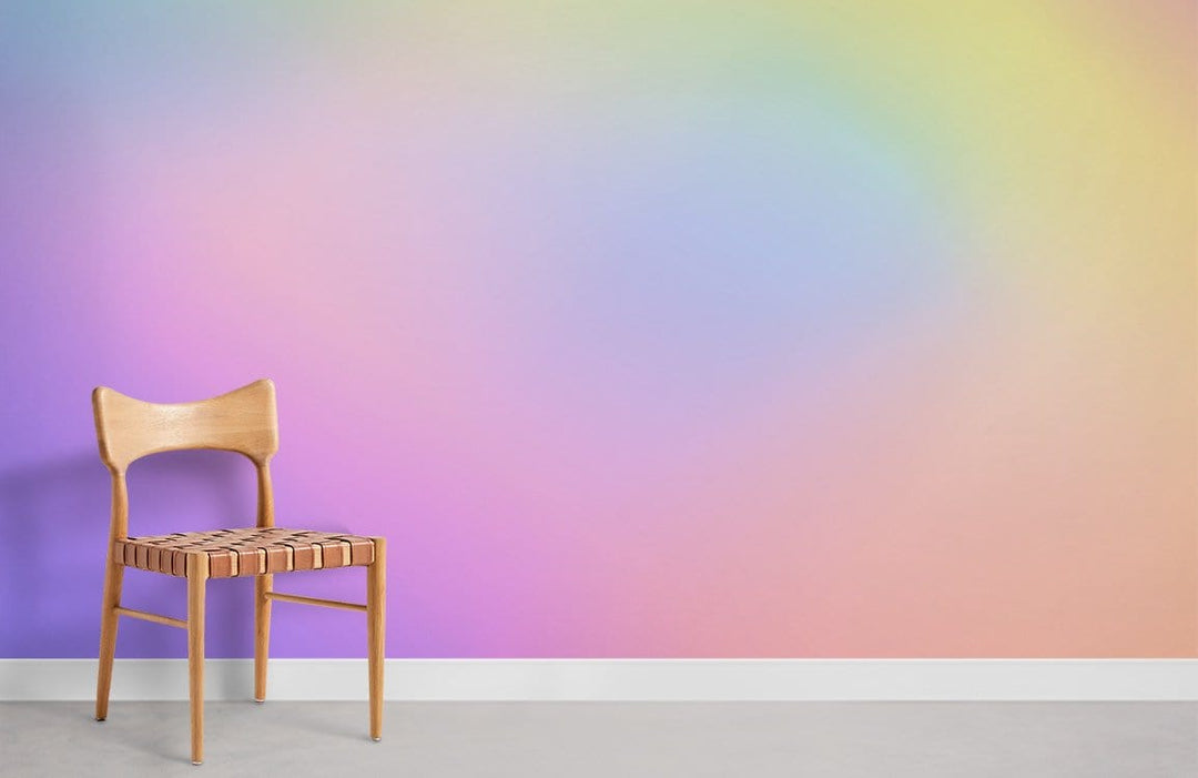 Pastel Dreamscape Gradient Mural Wallpaper with wooden chair, serene colourful interior Décor, grey flooring.