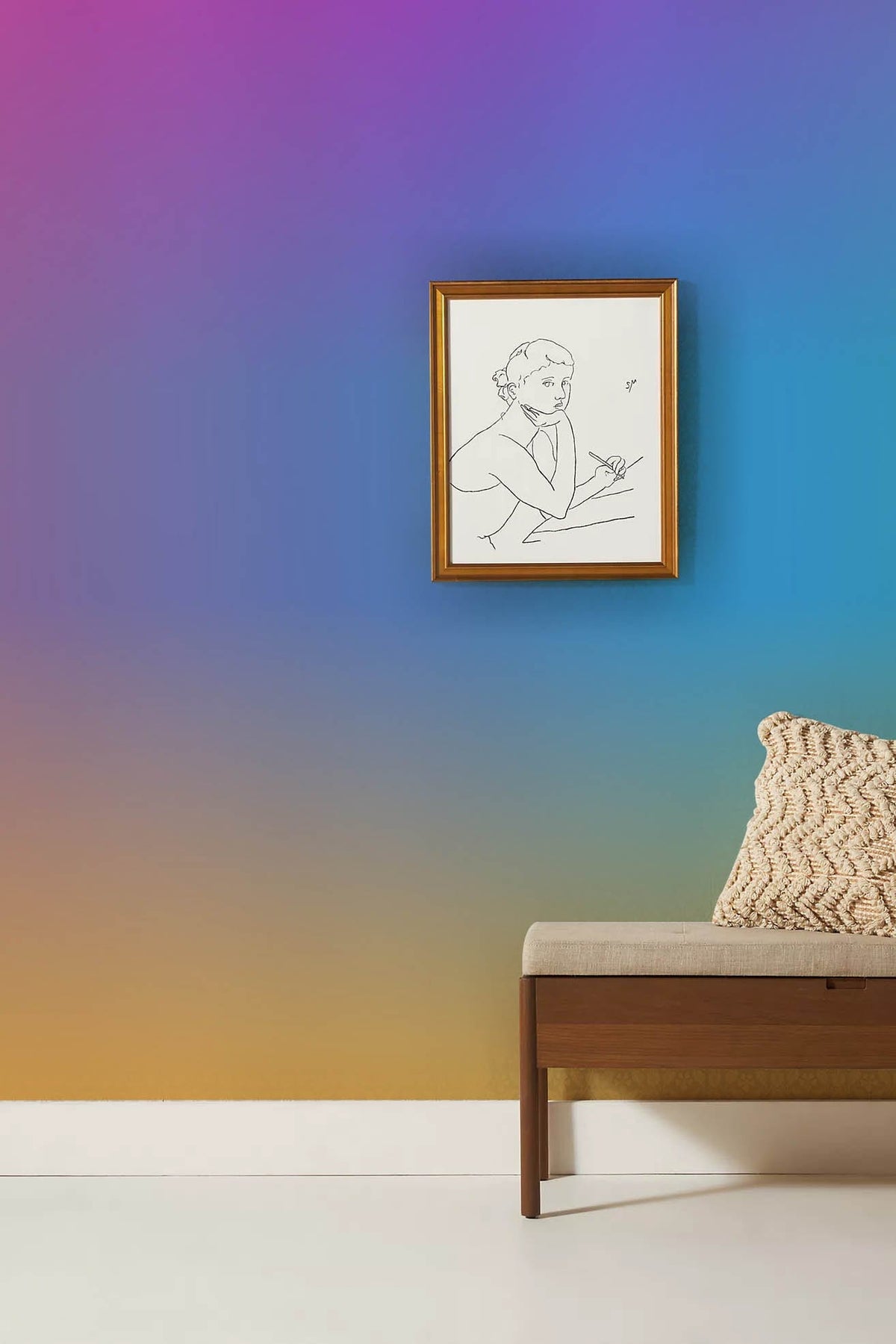 Colourful gradient wallpaper with artwork, simple bench, vibrant pink, blue, yellow tones, minimalist design.