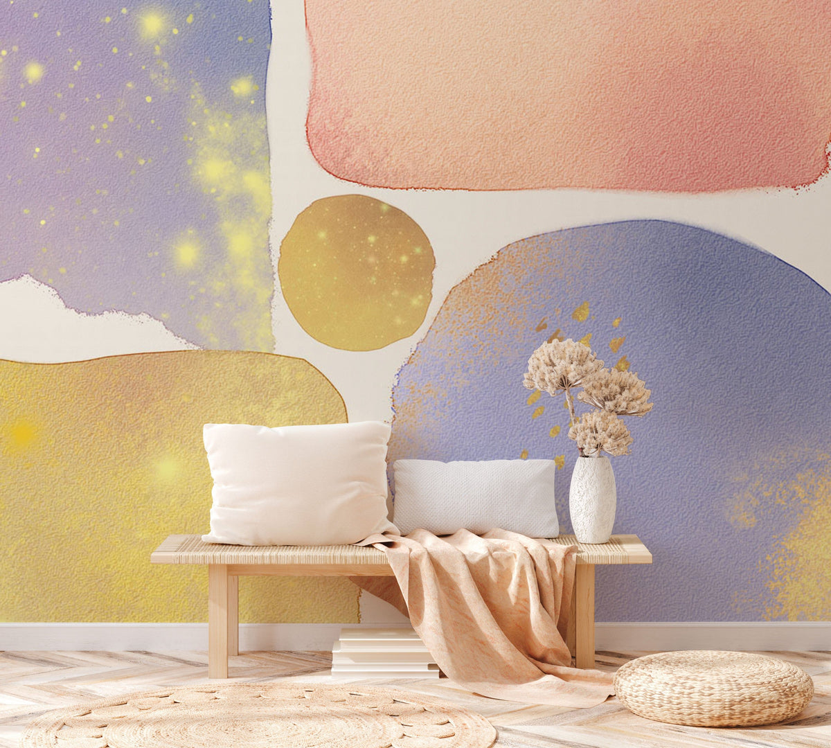 Abstract Pastel Watercolour Wallpaper Mural in lavender and golden hues, wooden bench, and cosy rug.