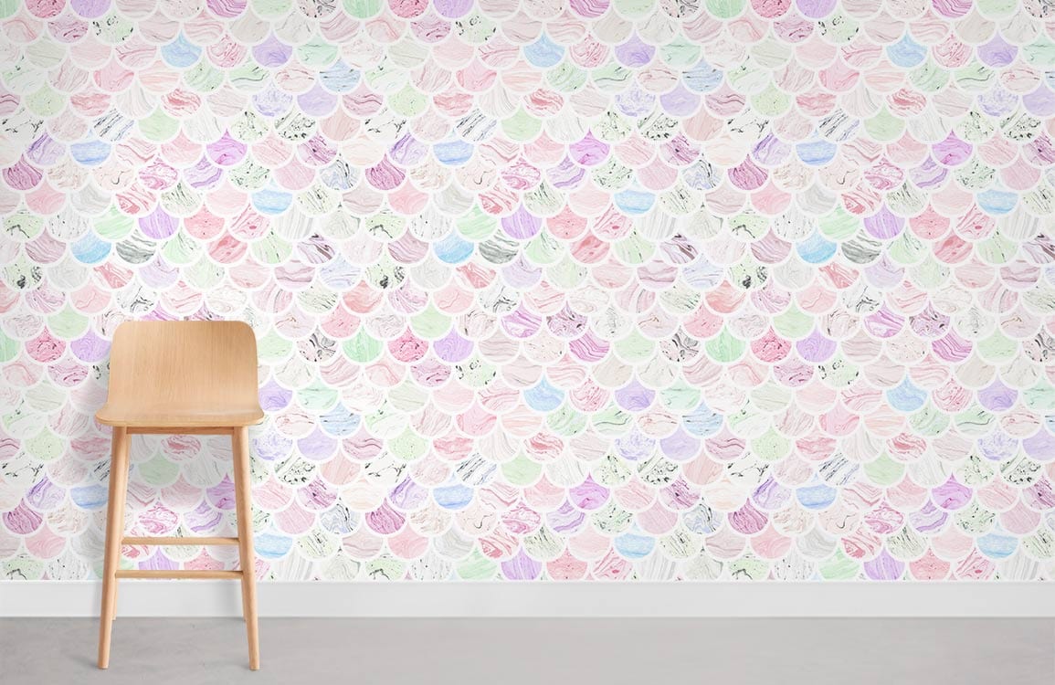 Pastel scallop shell wallpaper with soft colours, featuring wooden chair and light grey flooring.