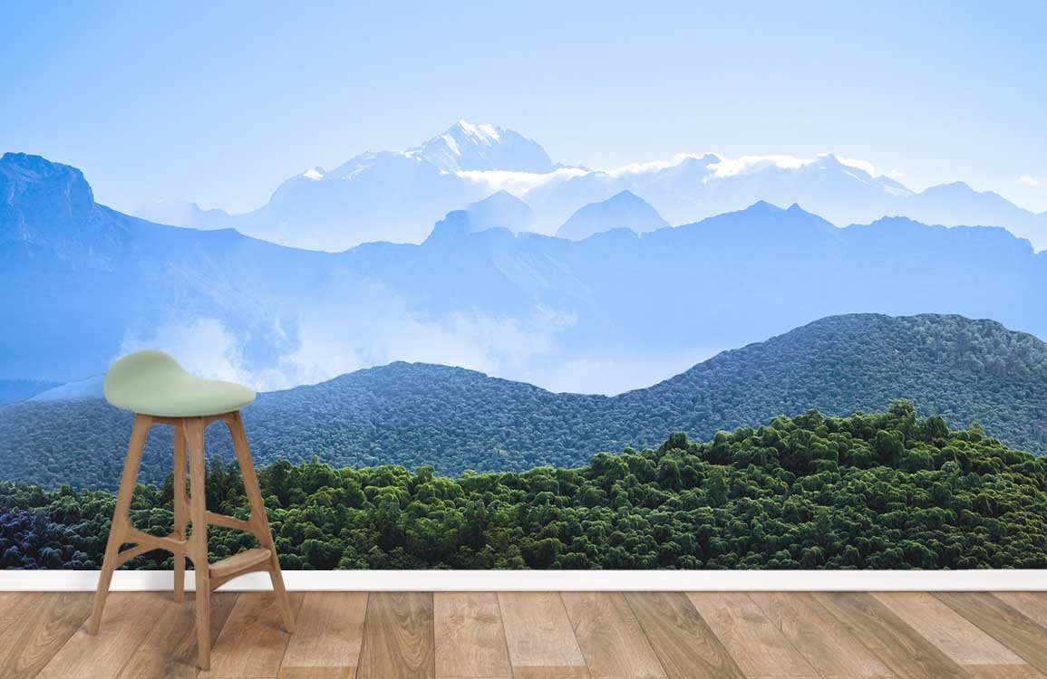 Tranquil mountain mural wallpaper with soothing tones, wooden flooring, modern stool, and natural scenery.