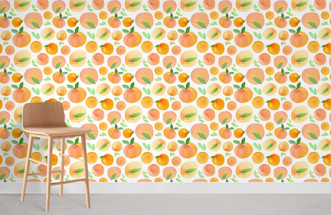 Peachy orange fruit pattern mural wallpaper in modern room with wooden chair, concrete flooring.