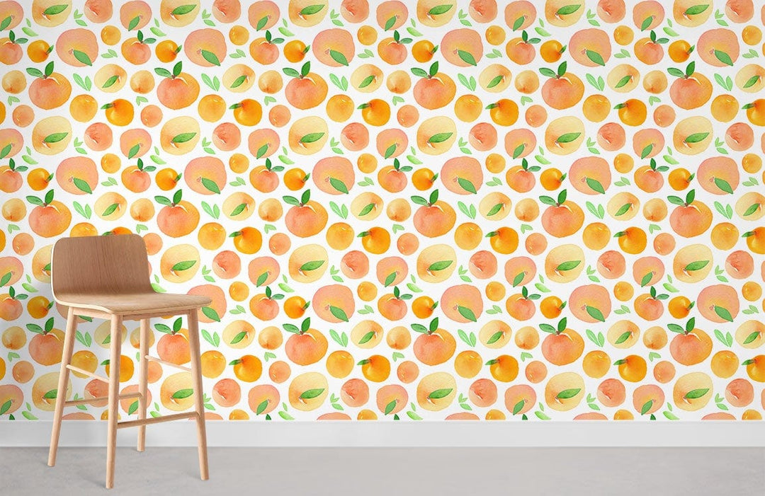 Peachy orange fruit pattern mural wallpaper in modern room with wooden chair, concrete flooring.