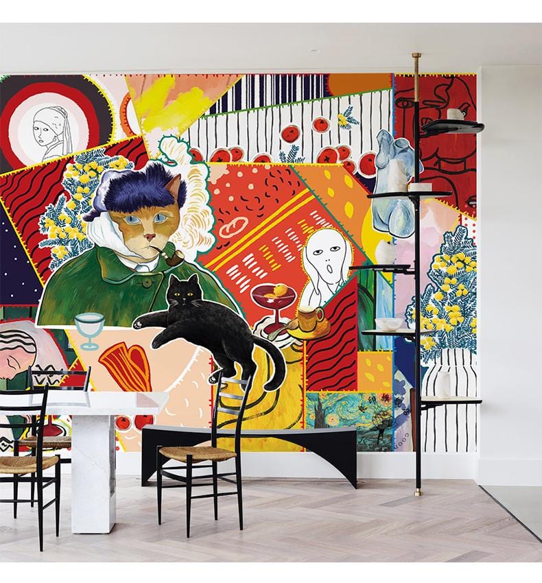 Eclectic Abstract Art Mural Wallpaper with vibrant multicolour cat illustration in modern dining room setting.