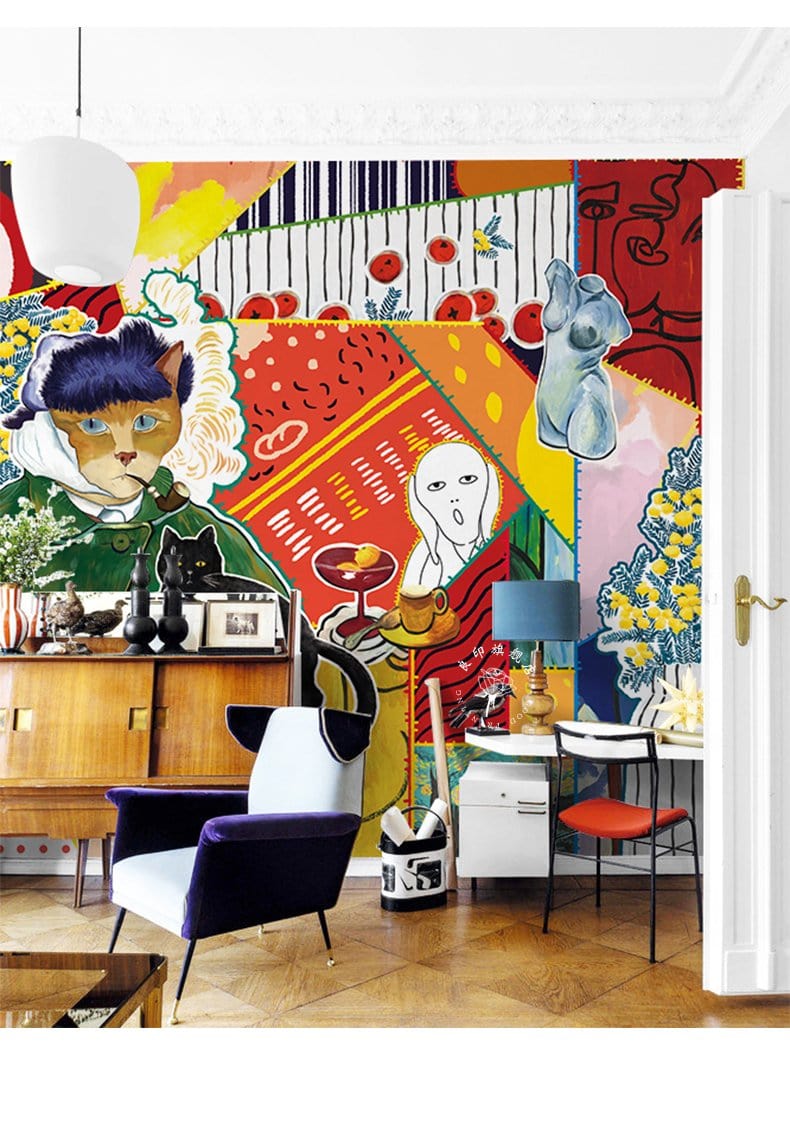 Eclectic Abstract Art Mural Wallpaper with vibrant cat, eclectic lounge chairs, wooden flooring, colourful decor.