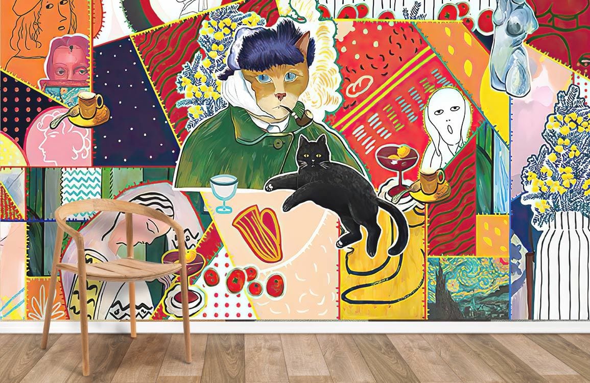 Eclectic Abstract Art Mural Wallpaper with Vibrant Multicolour Cat Illustration