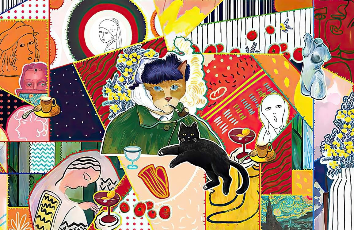Eclectic Abstract Mural Wallpaper with Multicolour Cat, Vibrant Design, Suitable for Living Room Walls.