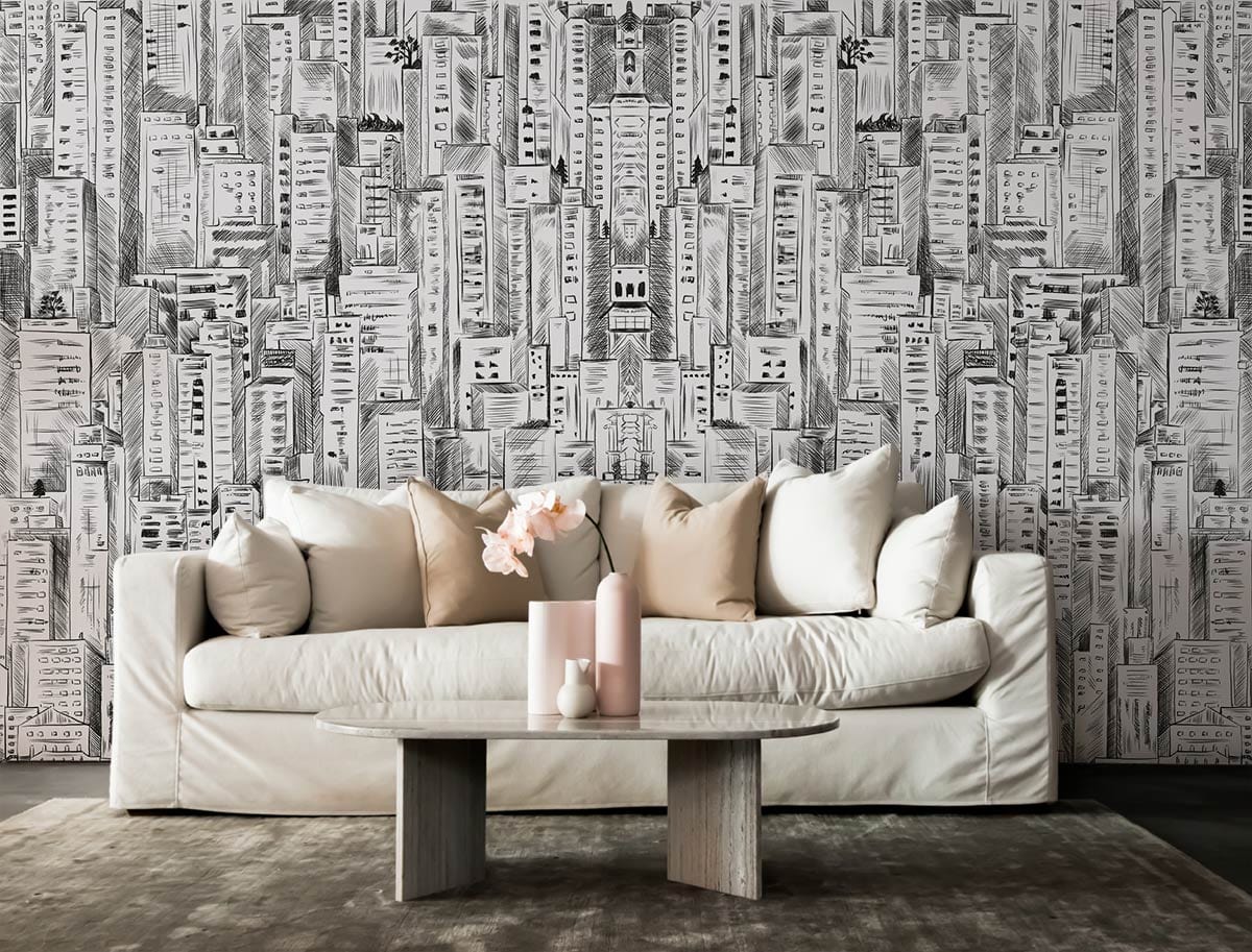 Monochrome cityscape mural wallpaper with modern beige sofa, wooden coffee table, and plush rug in lounge.