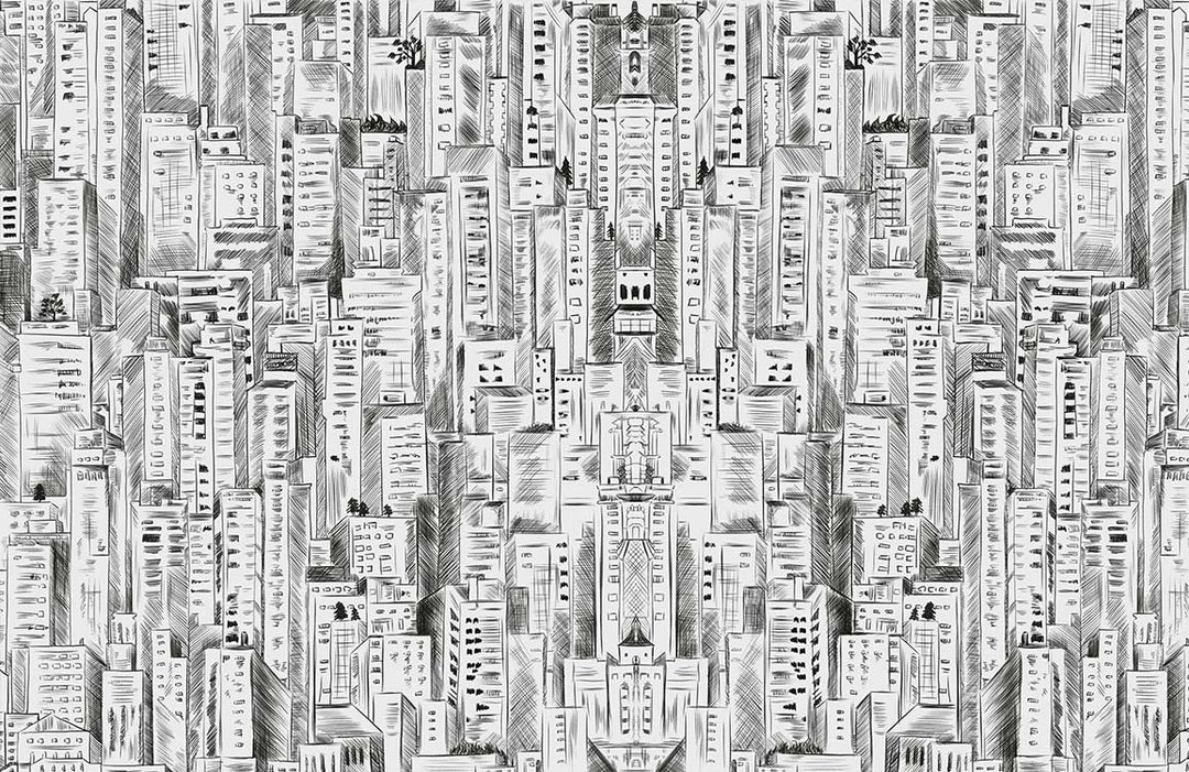 Monochrome Urban Skyline Sketch Mural Wallpaper: Modern Cityscape Pattern