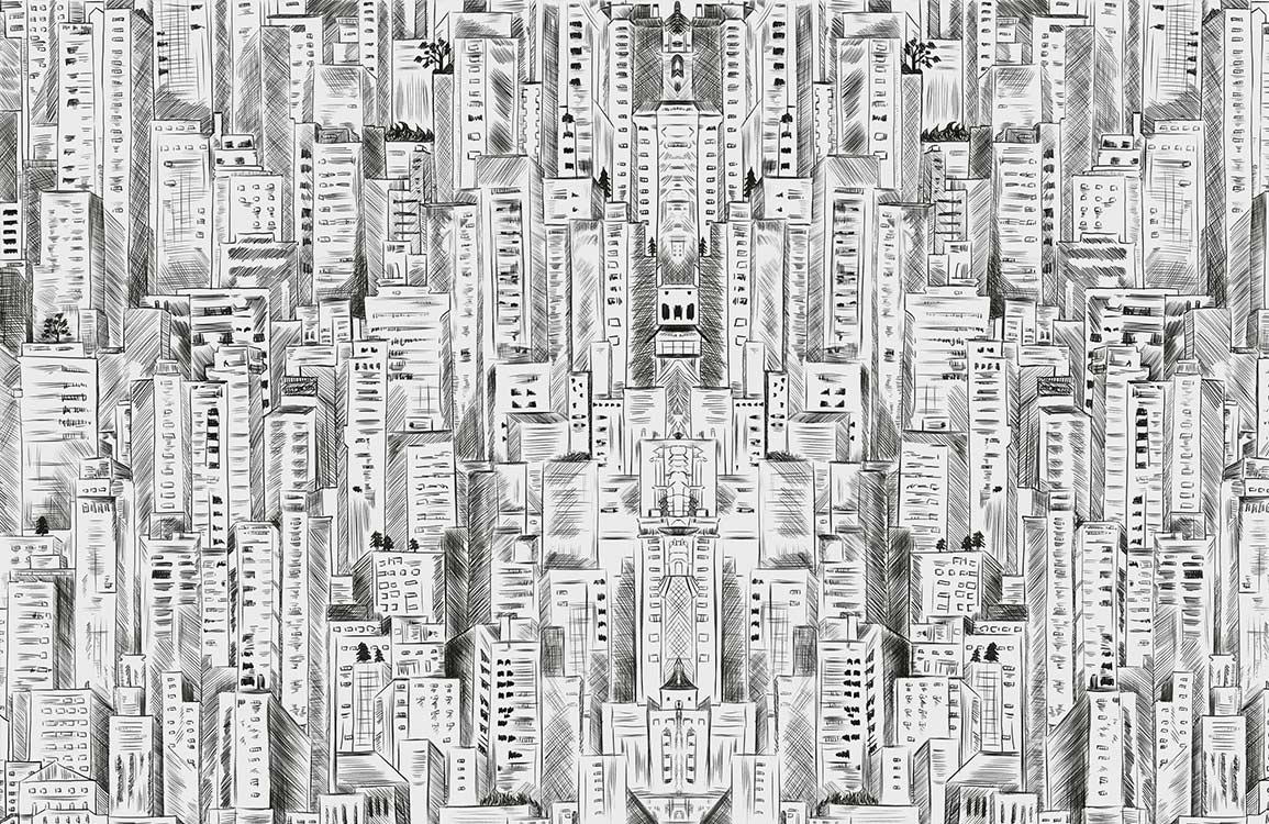 Monochrome Urban Skyline Sketch Mural Wallpaper: Modern Cityscape Pattern