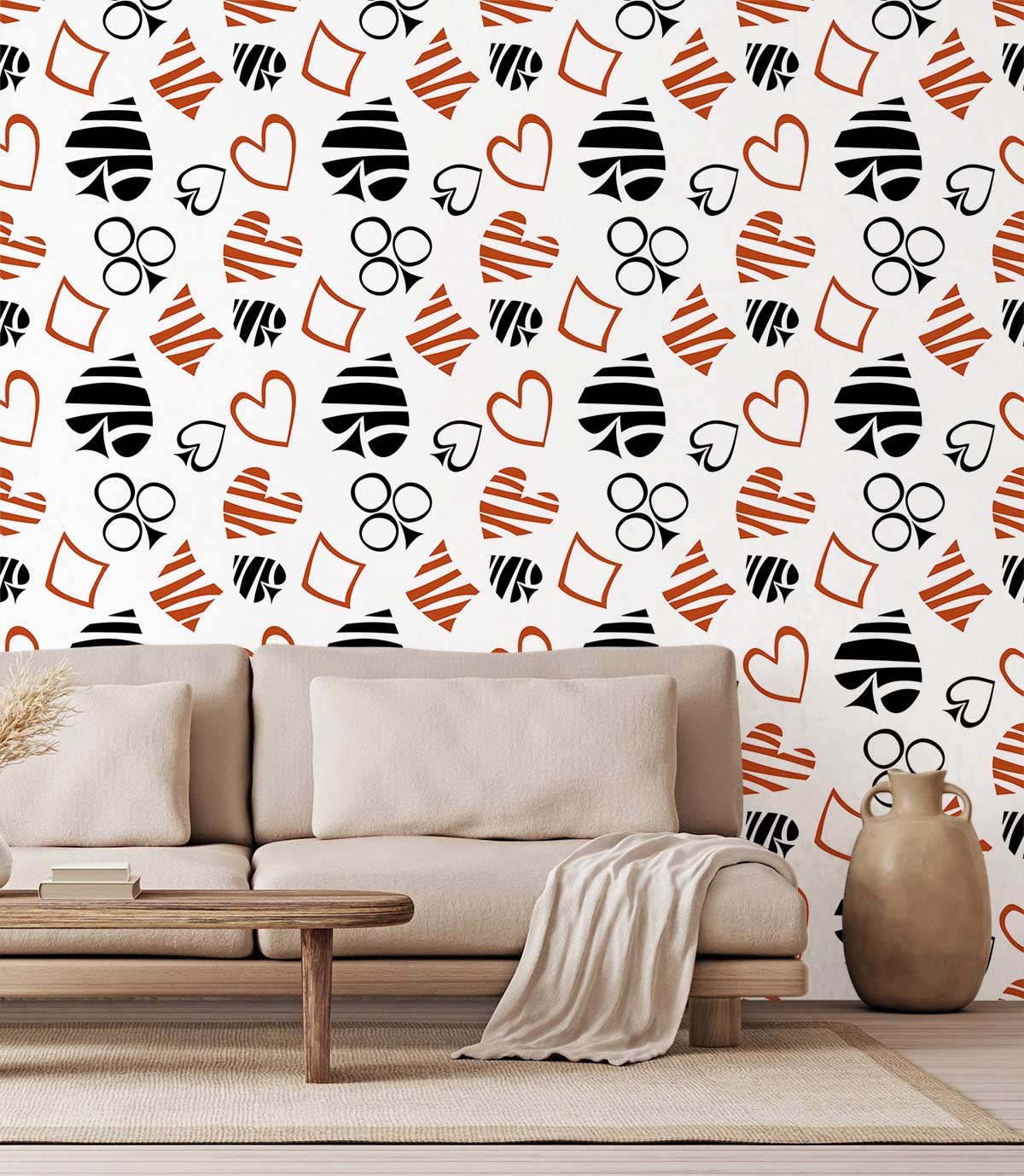 Black and orange playful hearts and stripes pattern wallpaper, beige sofa, wooden table, modern decor.