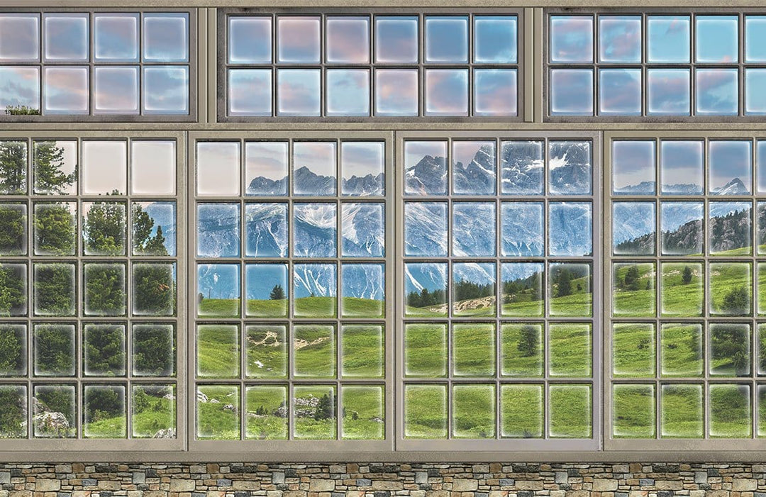 Panoramic Mountain View Mural Wallpaper: Scenic Green Landscape Window Design