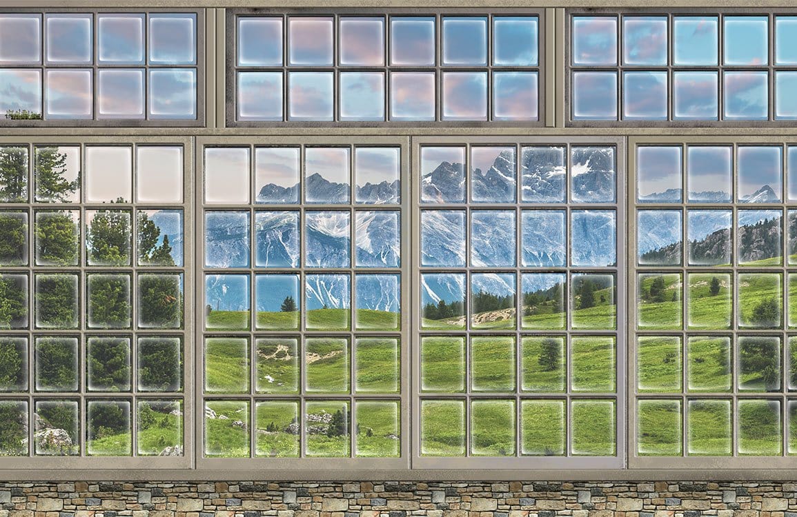 Panoramic Mountain View Mural Wallpaper: Scenic Green Landscape Window Design