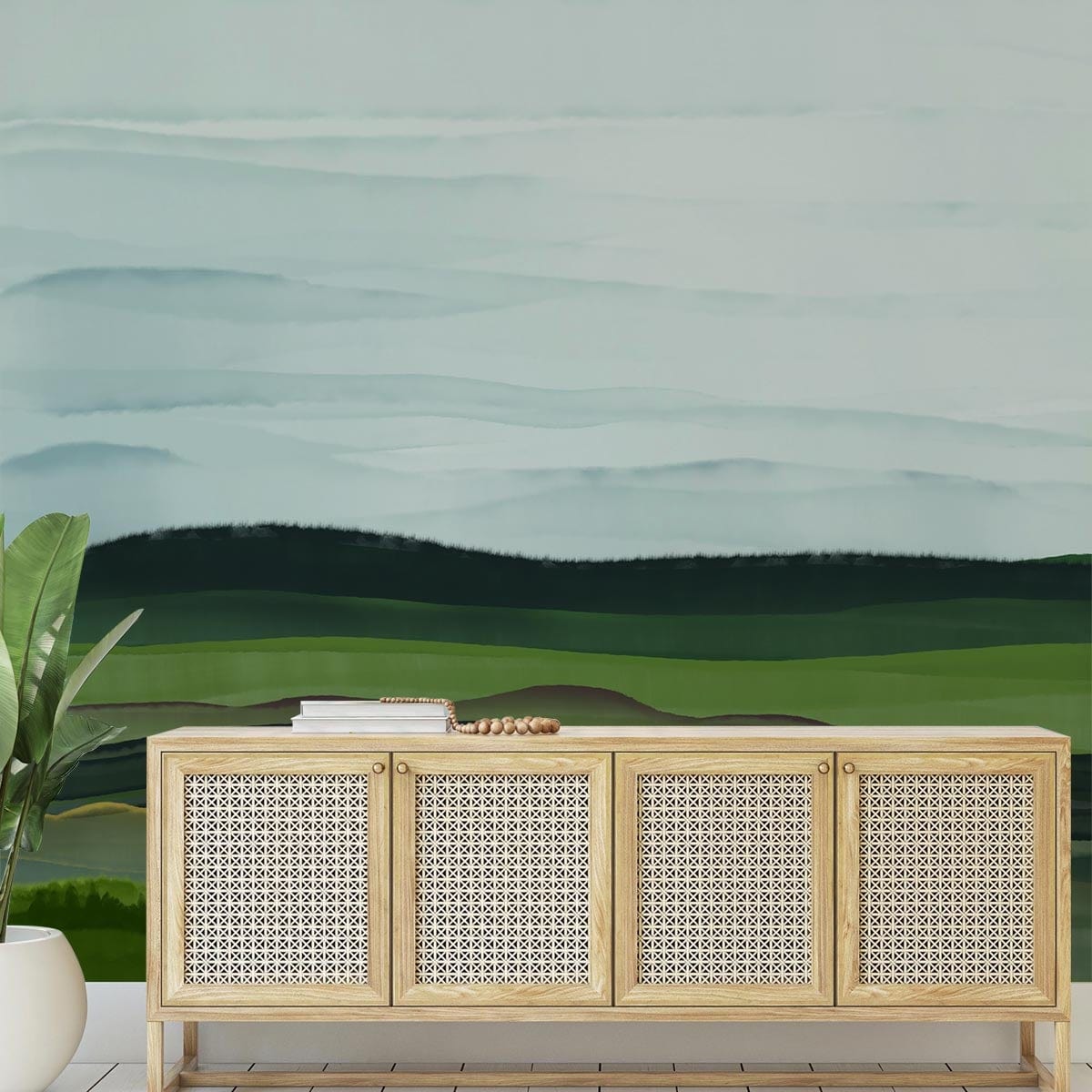 Serene Green Landscape Mural Wallpaper, wooden cabinet, light wood flooring, serene room atmosphere.