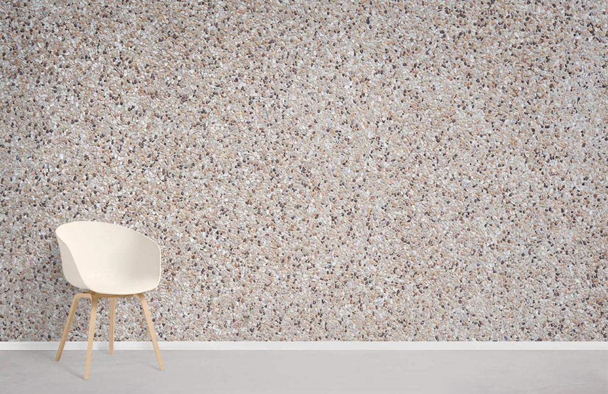 Alt text: Beige textured wallpaper with natural stone effect, white modern chair, contemporary interior design.