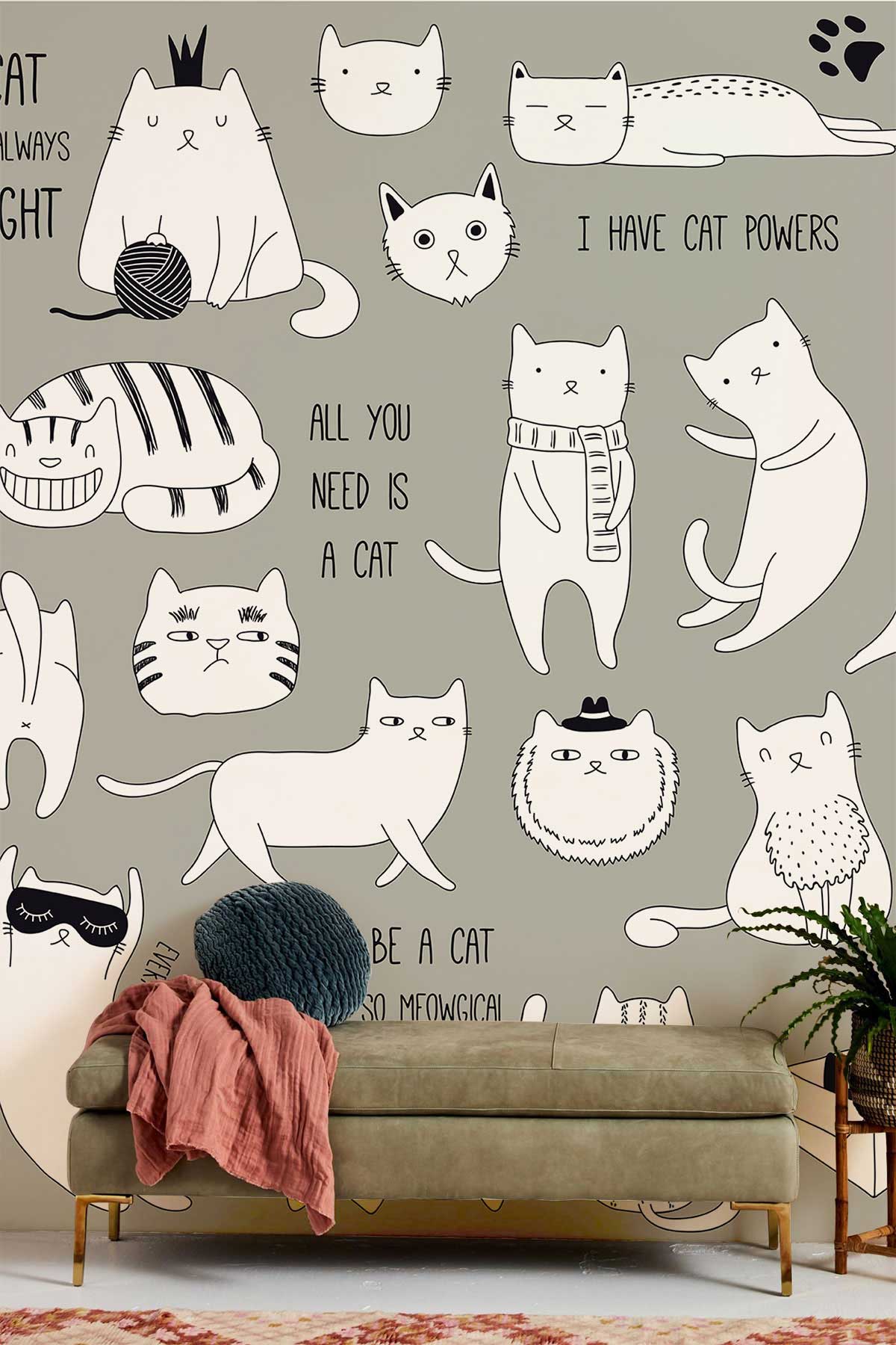 Charming grey cat-themed mural wallpaper with cats, whimsical sofa, beige flooring in playful living room.