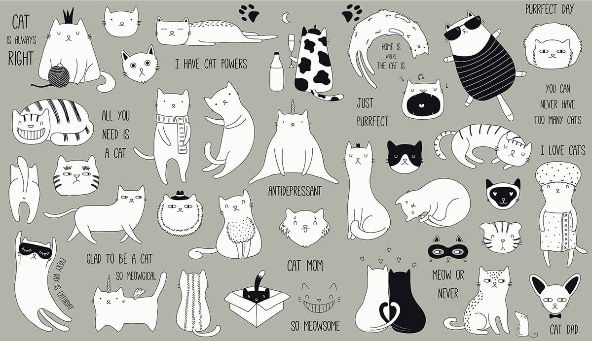 Charming Grey Cat-Themed Whimsical Mural Wallpaper for Playful Interiors Decor.